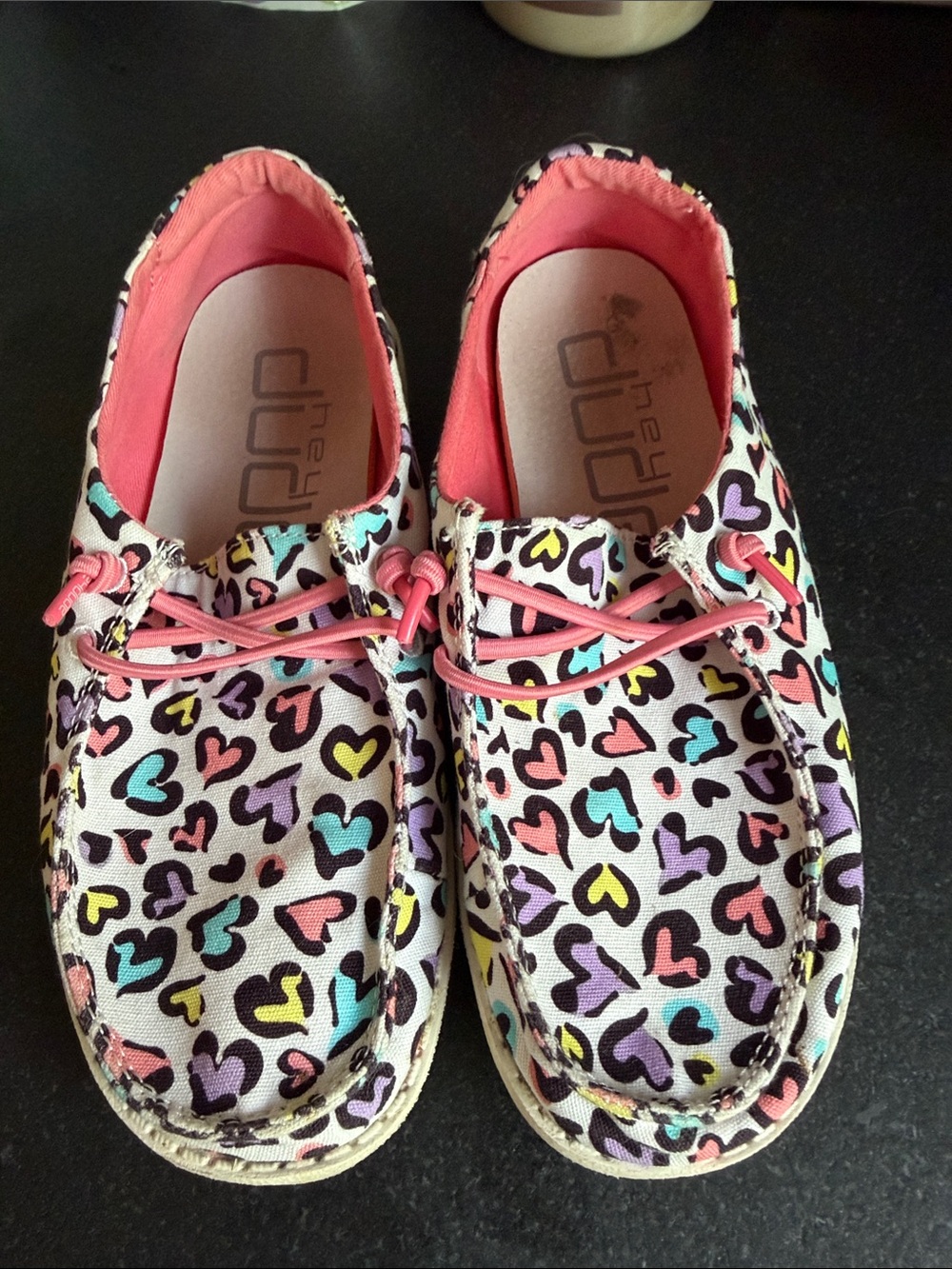Hey Dude Kids Moccasins in Pink with Multicolor Heart Print